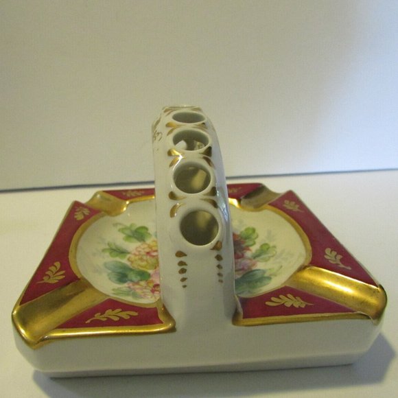vintage floral ashtray burgundy gold edge handle holds 9 cigarettes France - Picture 3 of 9